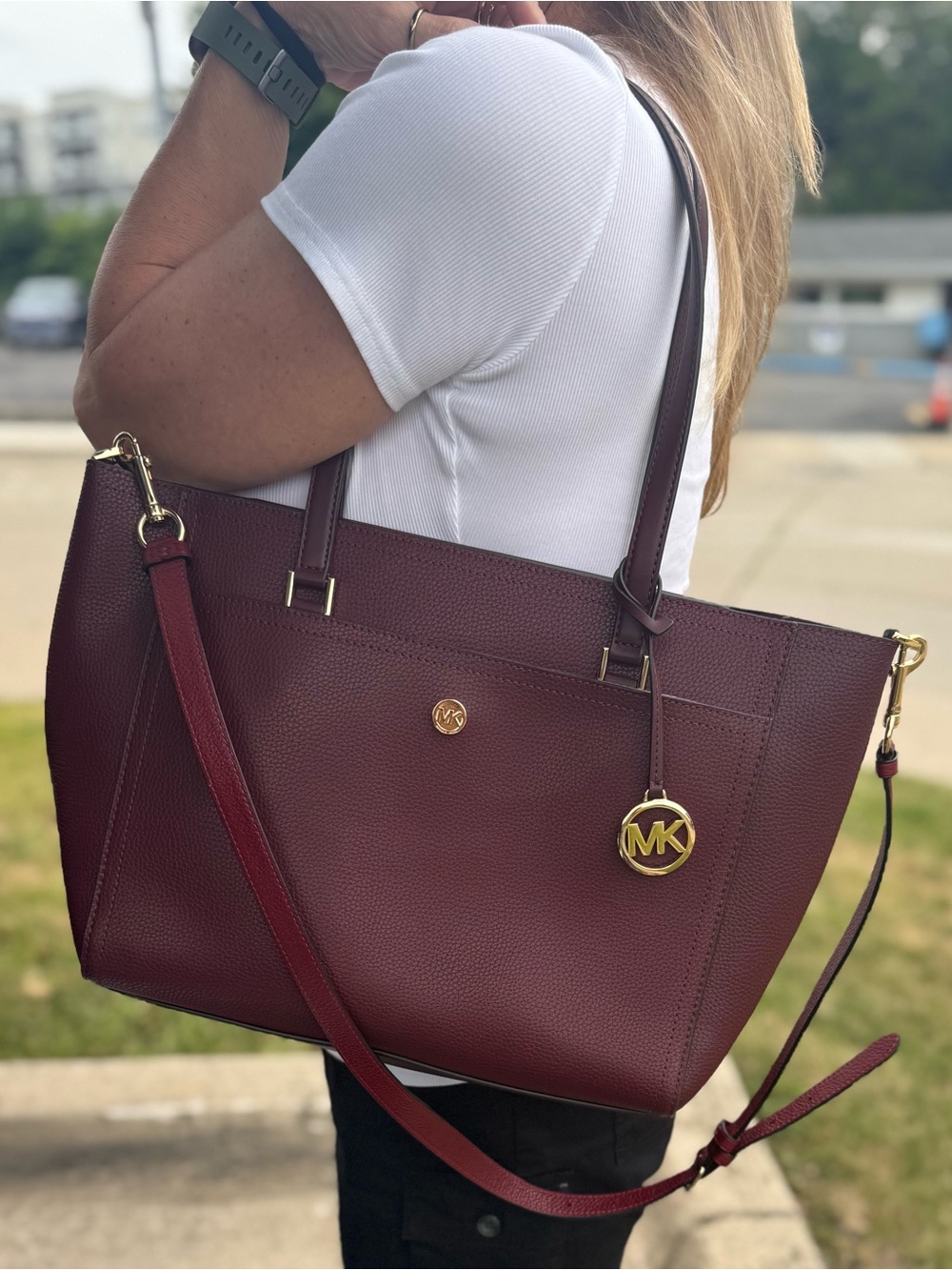Michael Kors Wine Pebbled Leather Tote with Gold MK Charm